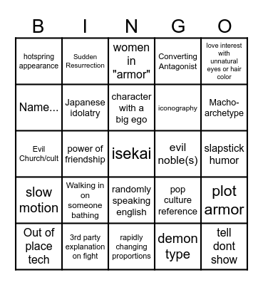 Anime Trope Bingo Card