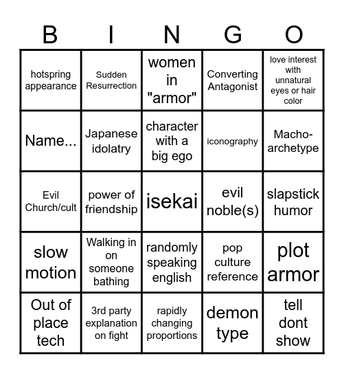 Anime Trope Bingo Card