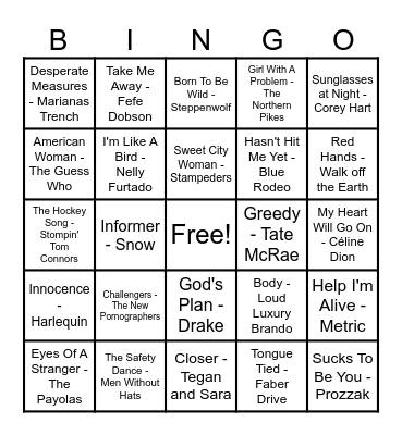 Canadian Hits! Bingo Card