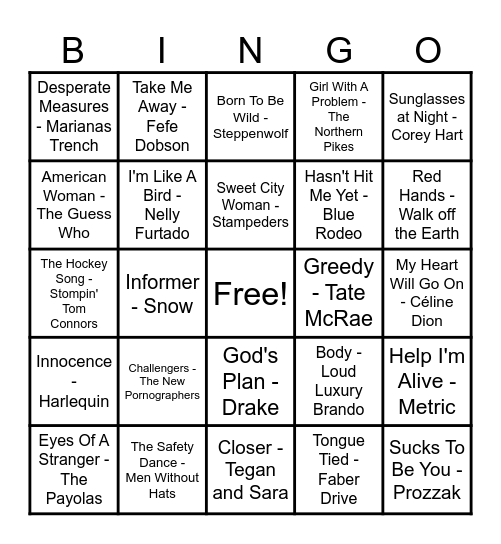 Canadian Hits! Bingo Card