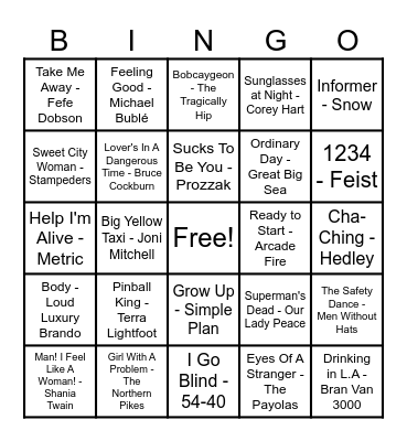 Canadian Hits! Bingo Card