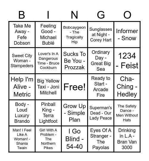 Canadian Hits! Bingo Card
