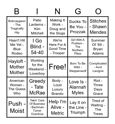 Canadian Hits! Bingo Card