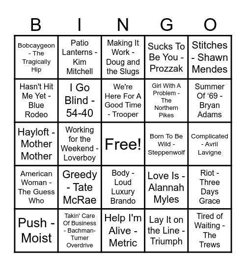 Canadian Hits! Bingo Card