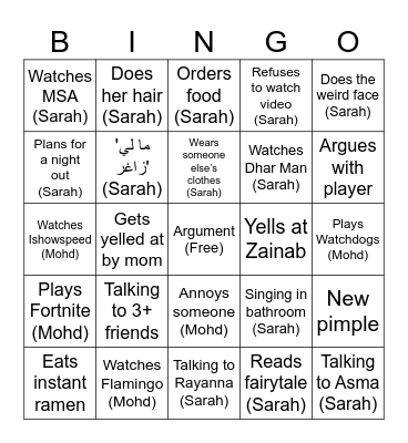 Sarah vs Mohd BINGO Card