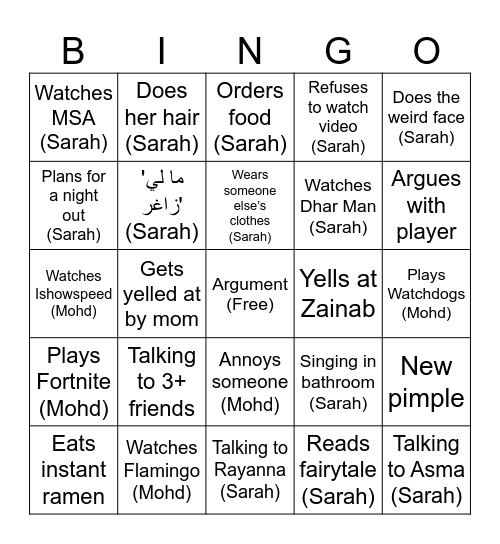 Sarah vs Mohd BINGO Card