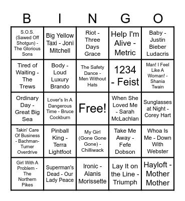 Canadian Hits! Bingo Card