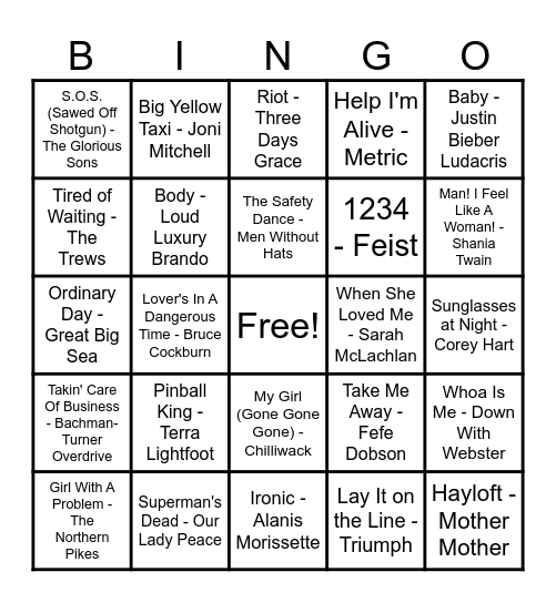 Canadian Hits! Bingo Card