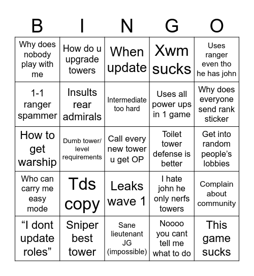 Lieutenant JG bingo Card