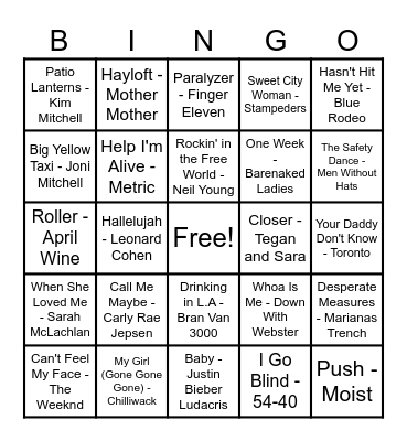 Canadian Hits! Bingo Card