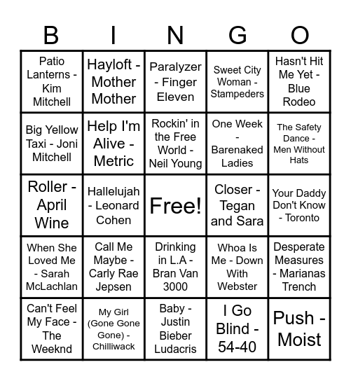 Canadian Hits! Bingo Card