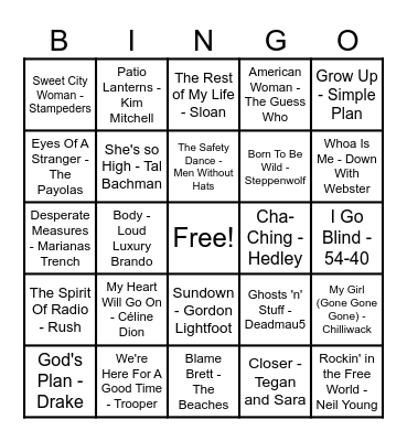 Canadian Hits! Bingo Card