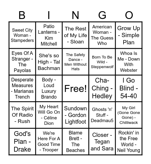 Canadian Hits! Bingo Card