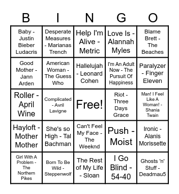 Canadian Hits! Bingo Card