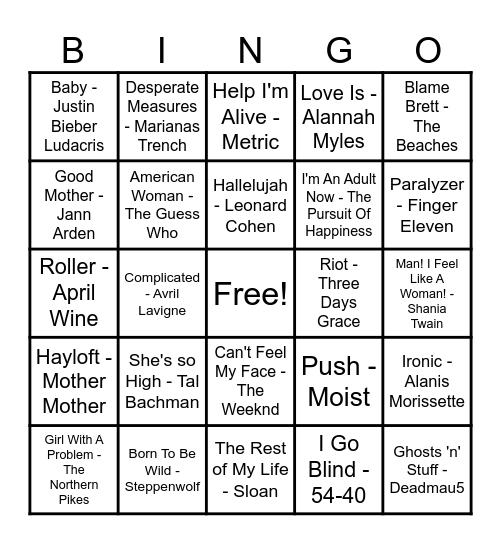 Canadian Hits! Bingo Card