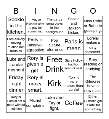 Gilmore Girls Drinking Bingo Card