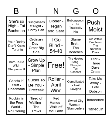 Canadian Hits! Bingo Card