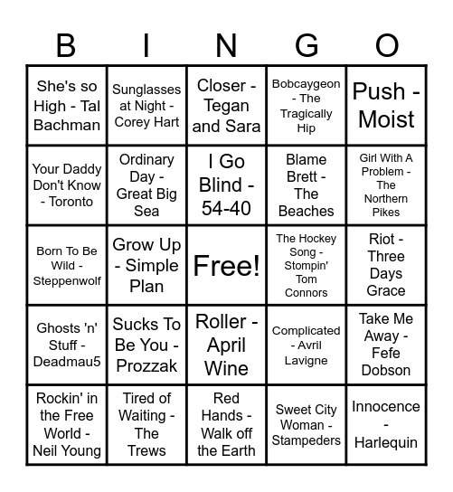 Canadian Hits! Bingo Card