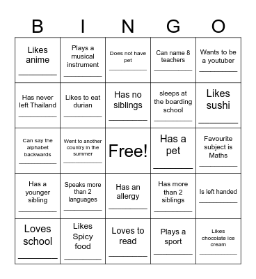 New Class Bingo Card