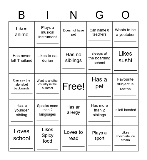 New Class Bingo Card