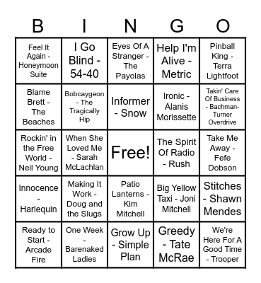 Canadian Hits! Bingo Card