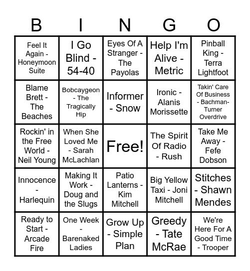 Canadian Hits! Bingo Card