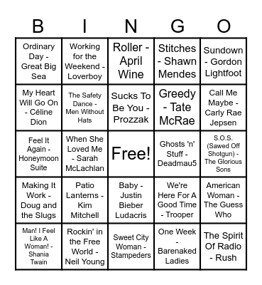 Canadian Hits! Bingo Card