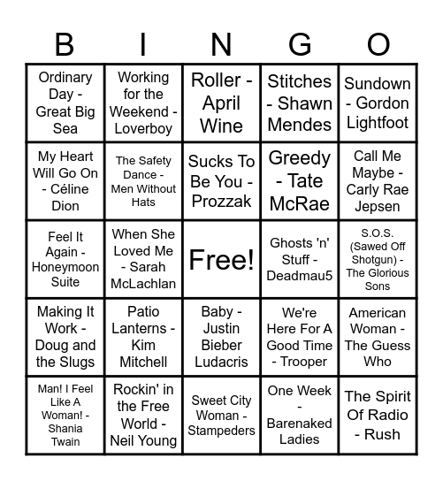 Canadian Hits! Bingo Card