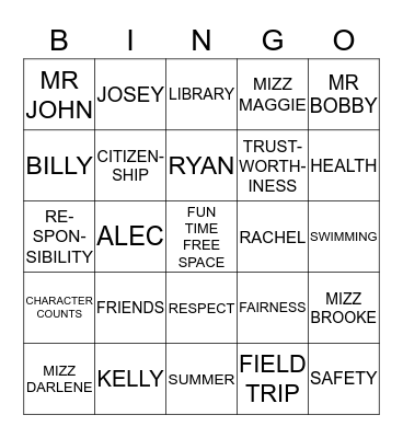 KIDZ KAMP Bingo Card