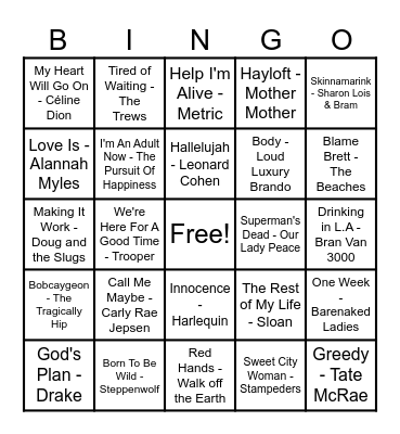 Canadian Hits! Bingo Card