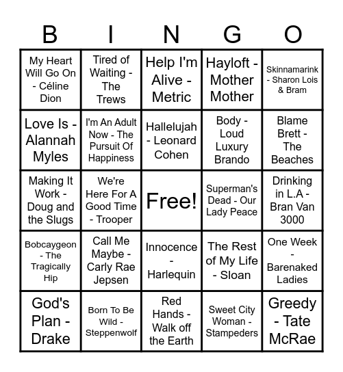 Canadian Hits! Bingo Card