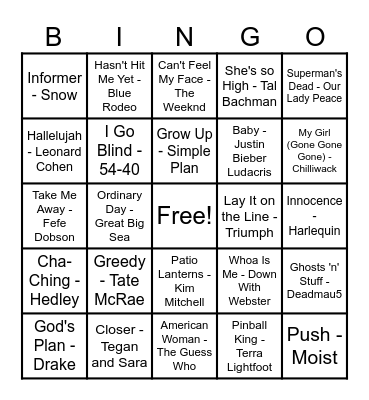 Canadian Hits! Bingo Card