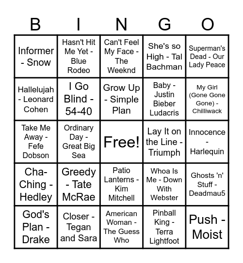 Canadian Hits! Bingo Card