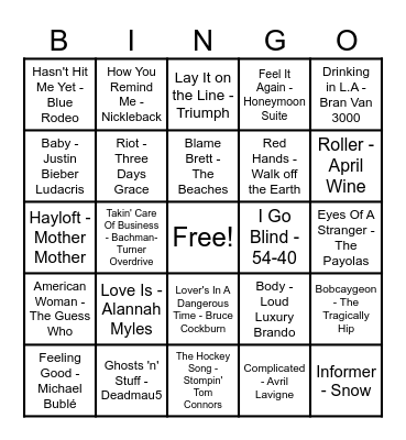 Canadian Hits! Bingo Card