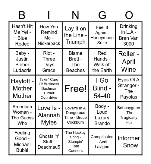 Canadian Hits! Bingo Card