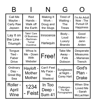 Canadian Hits! Bingo Card