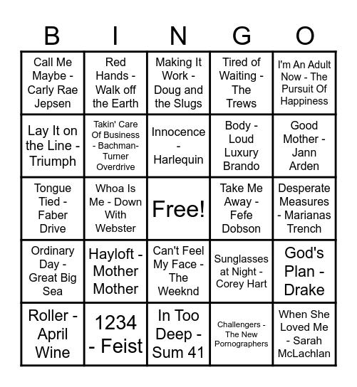 Canadian Hits! Bingo Card