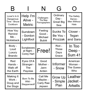 Canadian Hits Bingo Card