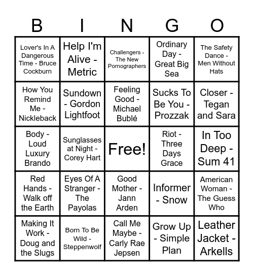 Canadian Hits Bingo Card