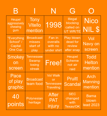 Volunteer Football Bingo Card