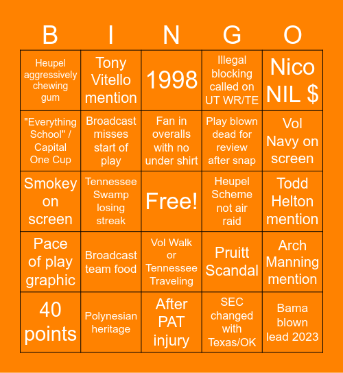 Volunteer Football Bingo Card
