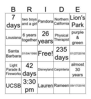 Rachel's Bridal Shower Bingo Card
