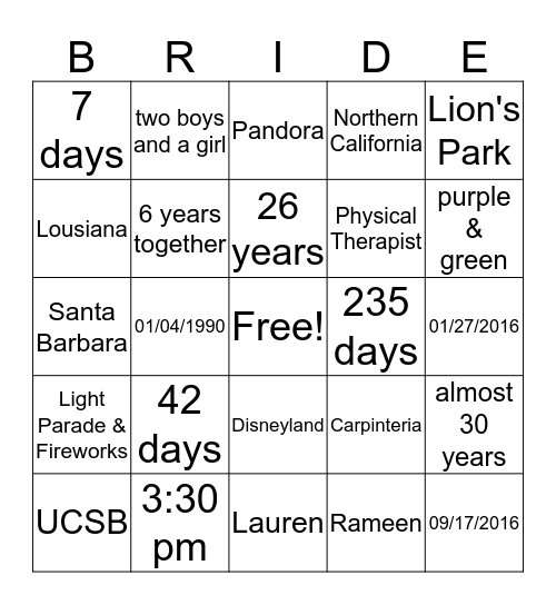 Rachel's Bridal Shower Bingo Card