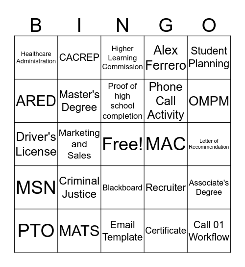 Week 2 Bingo! Bingo Card