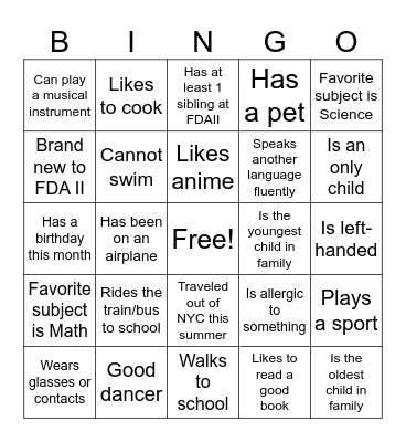 Community: Get to Know You Bingo Card
