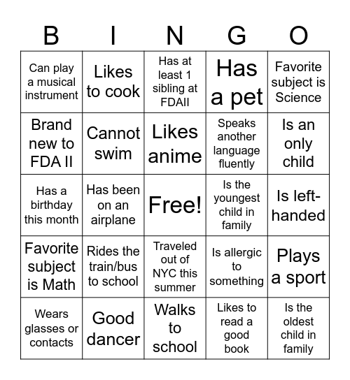 Community: Get to Know You Bingo Card