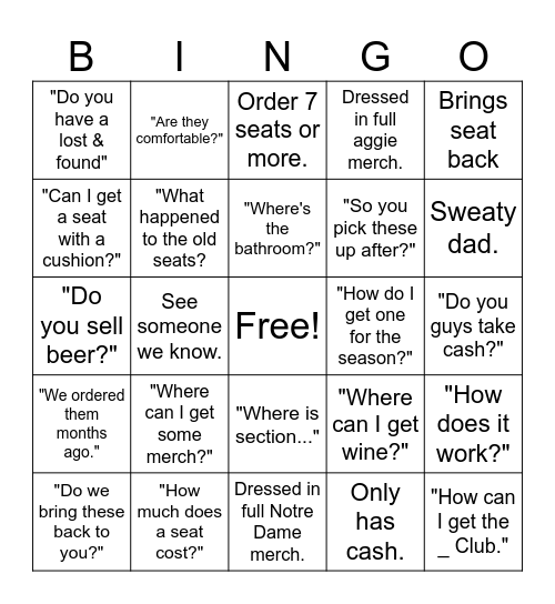 Dreamseat Customer Bingo Card