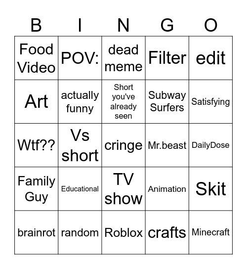 Yt Shorts Bingo Card
