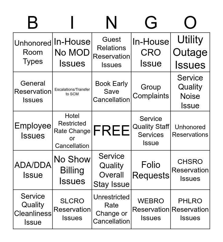 Guest Relations Bingo Card 4957