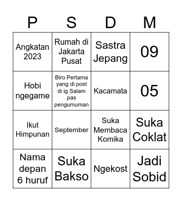 Soal Kedua Bingo Card